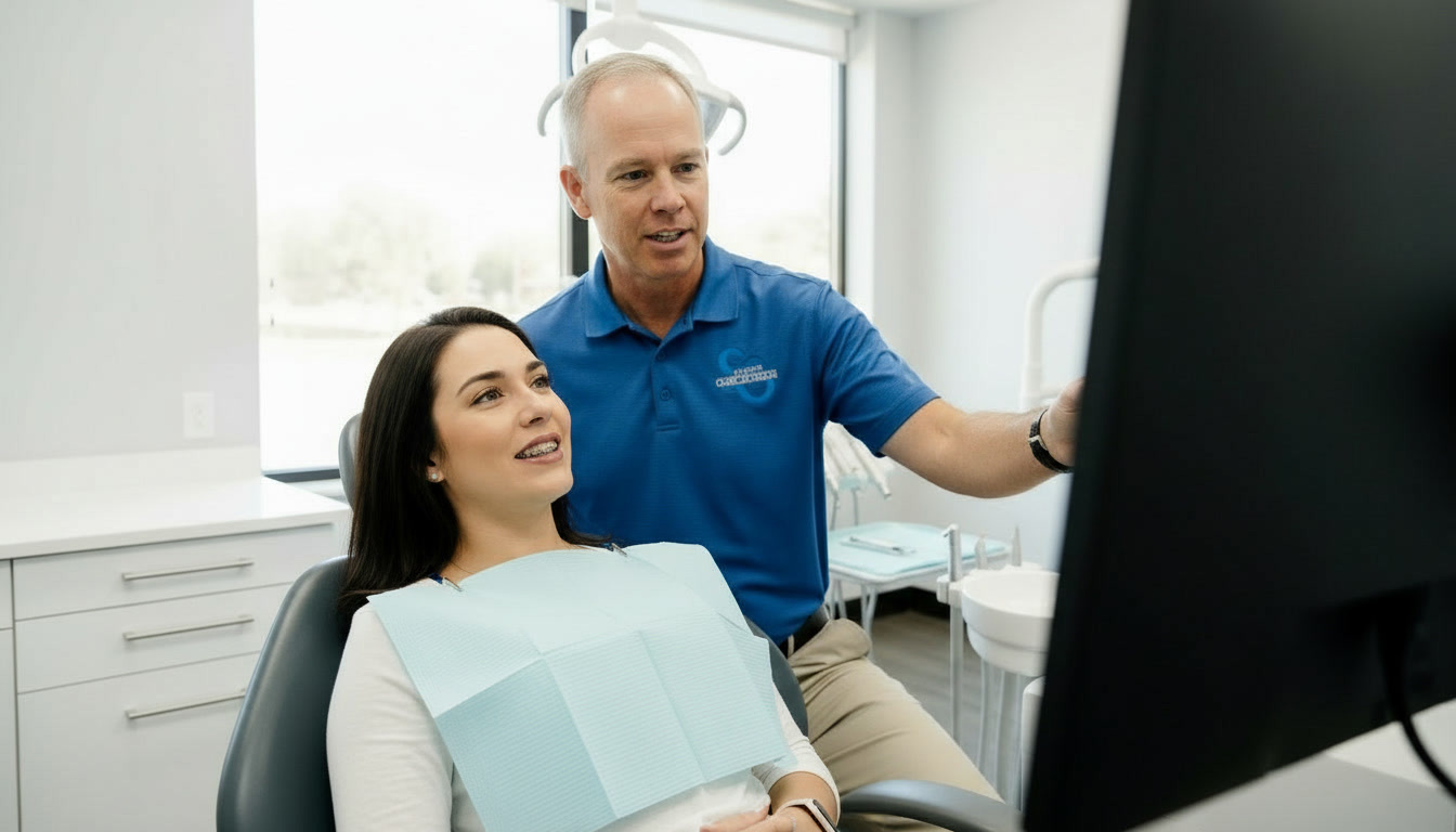 Adult patient in braces reviewing a scan with Dr. Scott Ohmart at Ohmart Orthodontics in South Denver